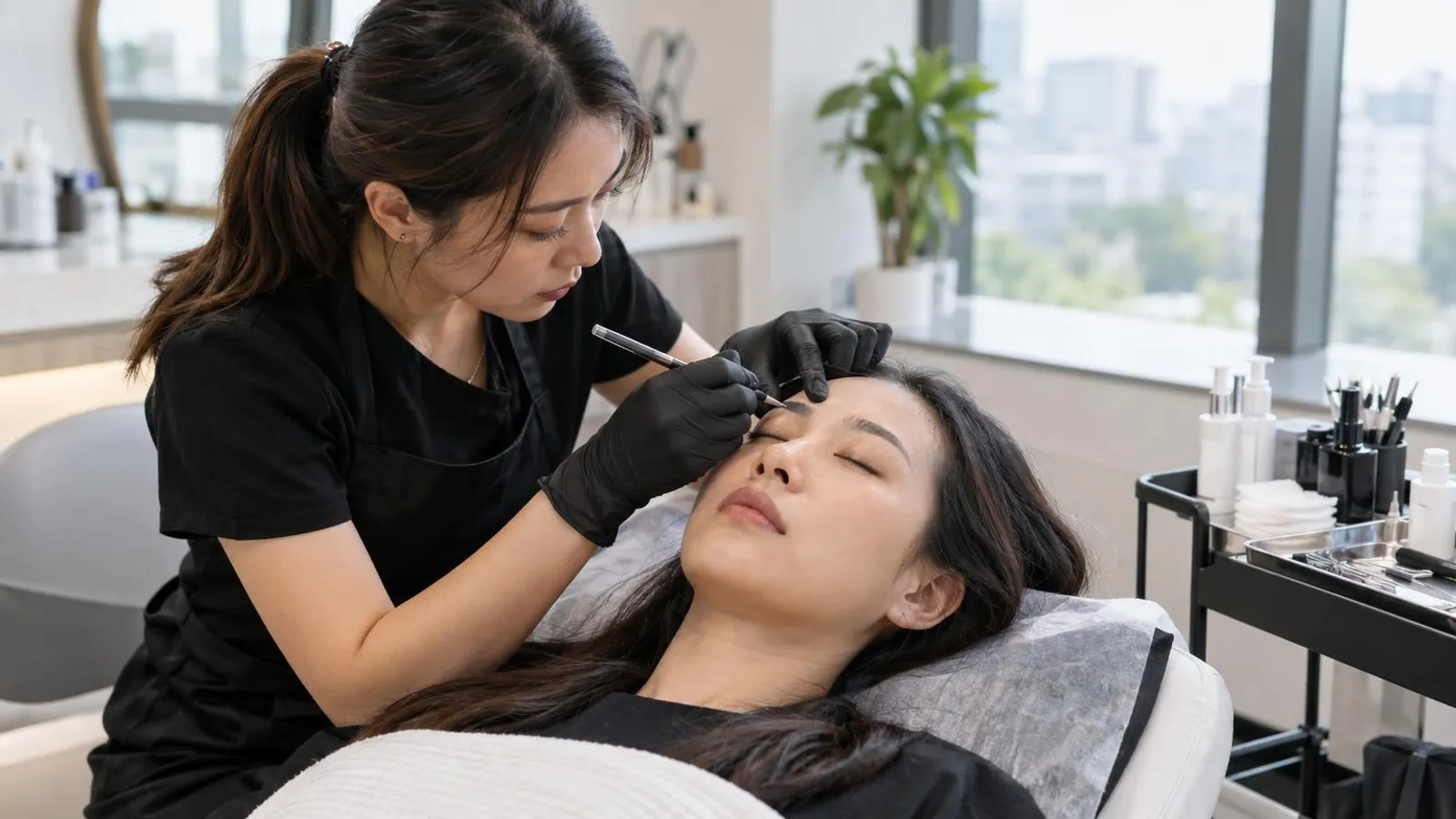 A brow artist precisely shaping a client eyebrow at a bright Singapore beauty studio