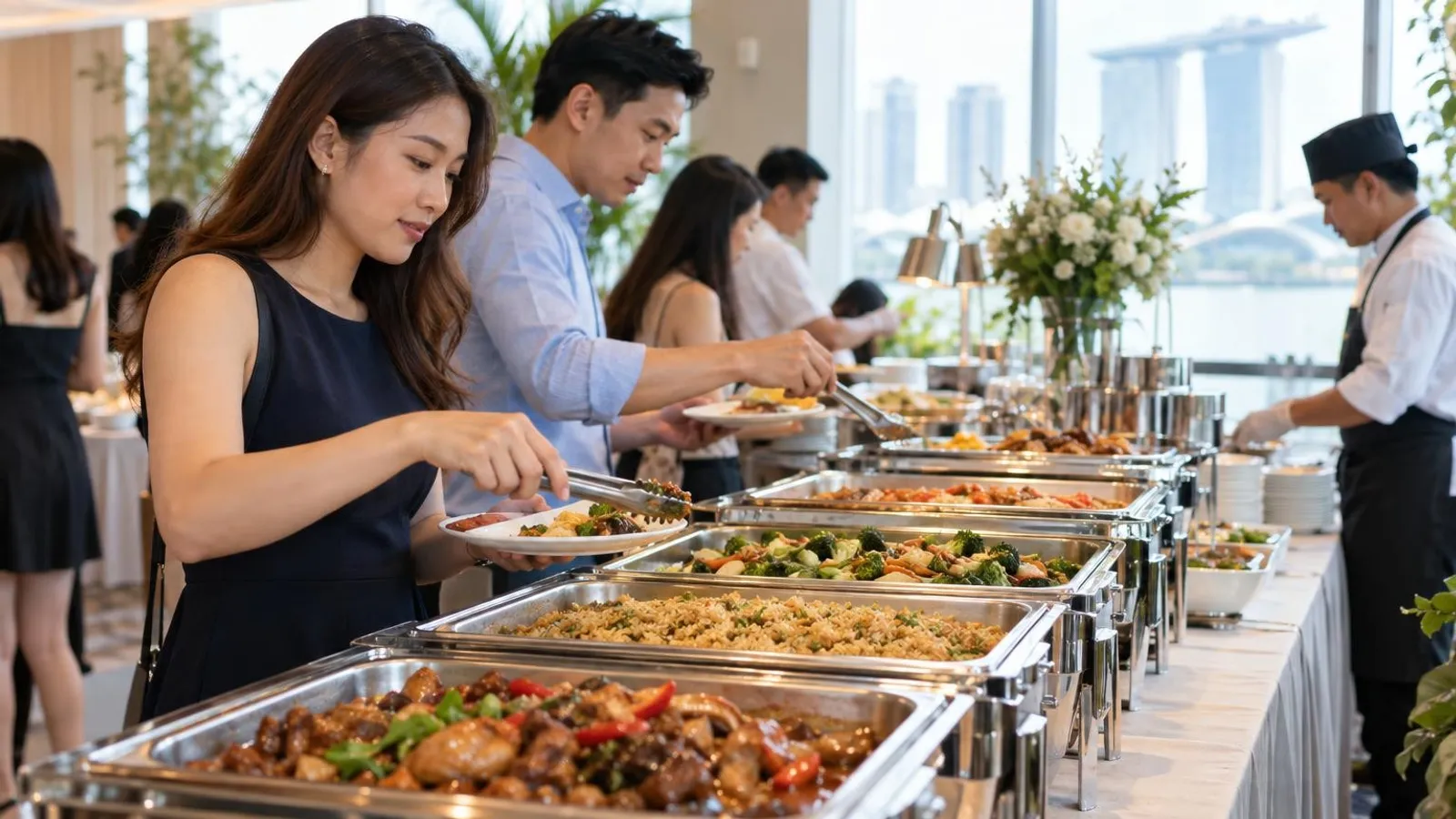 A long event buffet catering line of chafing dishes with a chef attendant in Singapore