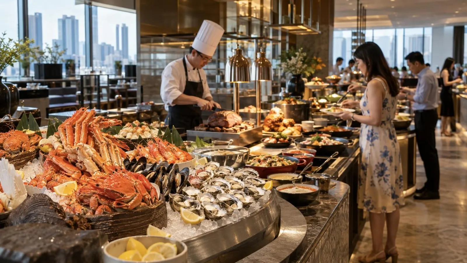 A lavish hotel buffet with a fresh seafood station in Singapore