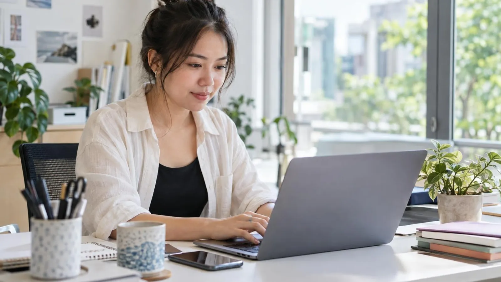 A marketing coordinator composing a message on a laptop with a phone beside it at a bright modern desk
