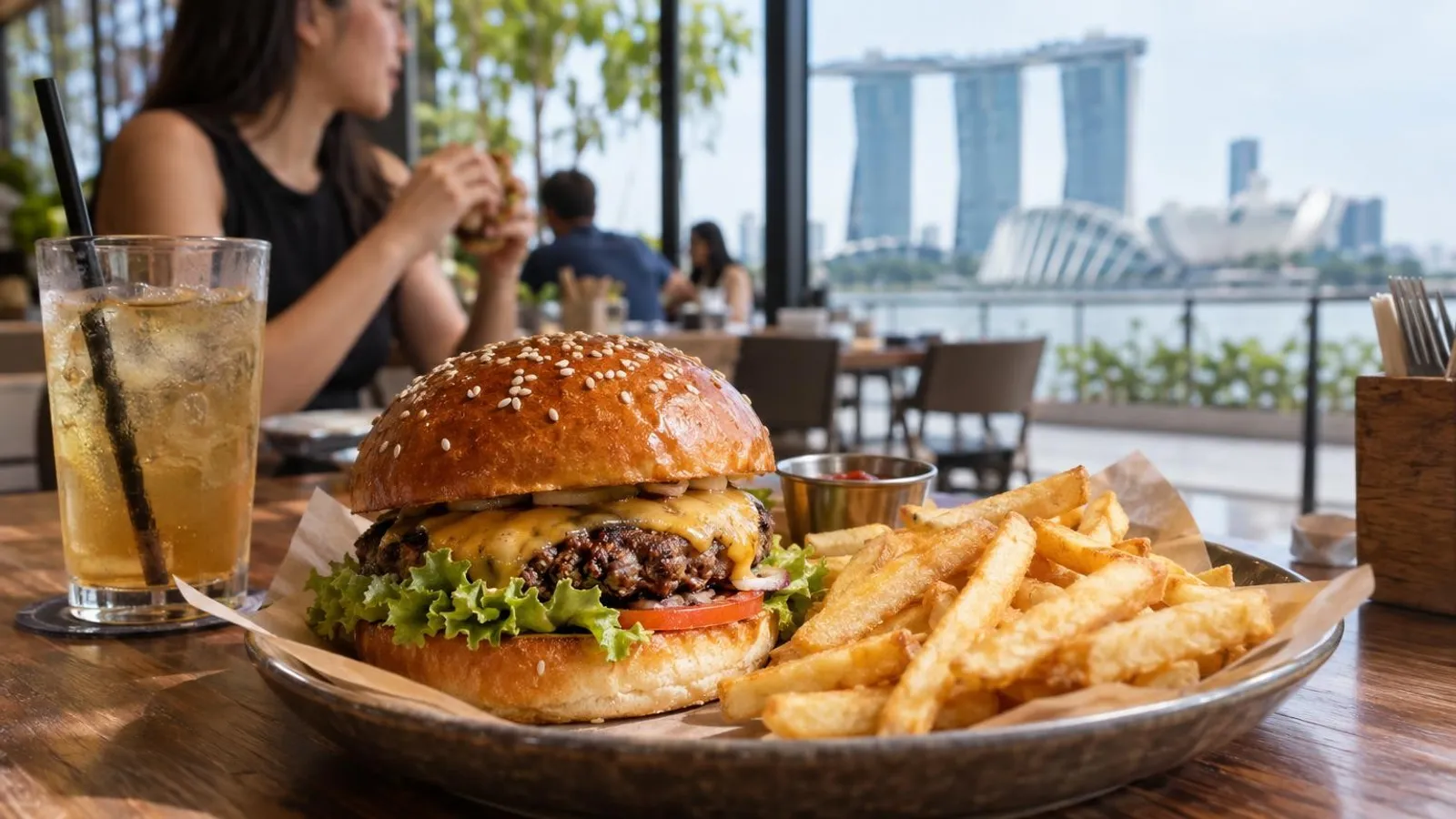 A juicy gourmet cheeseburger with a side of fries at a Singapore burger restaurant