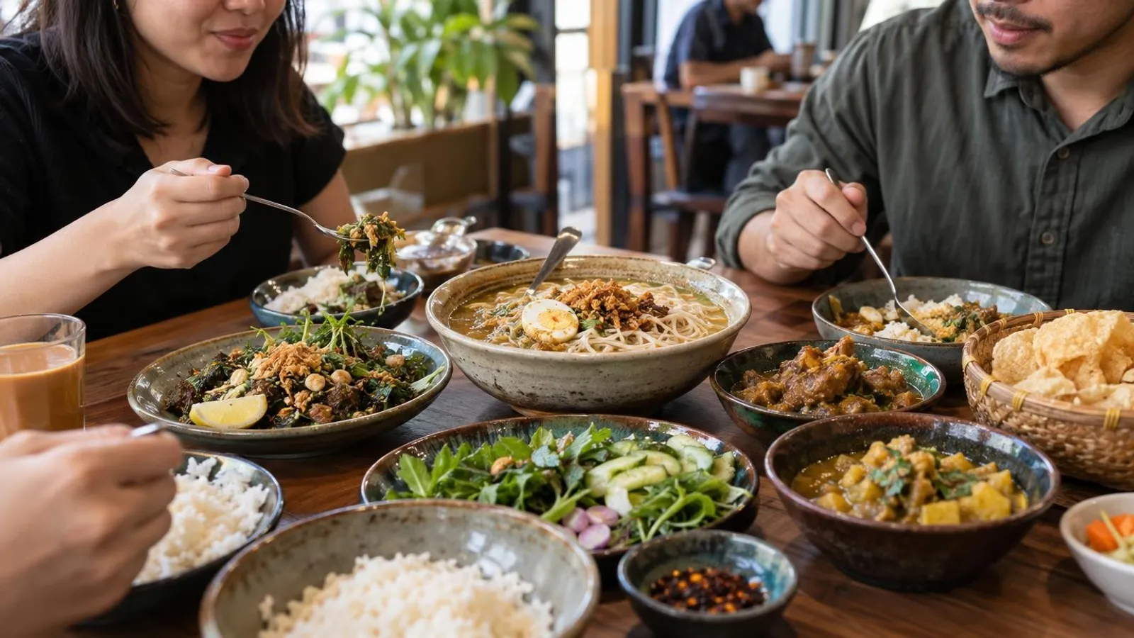 A Burmese meal in Singapore with tea-leaf salad, mohinga noodle soup and curries on a table