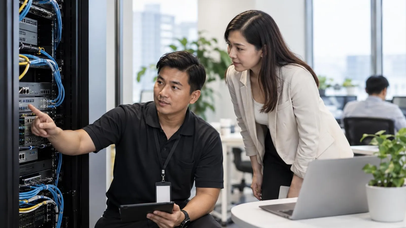 Business Broadband and Leased Line Providers: a customer and a provider in a bright, modern setting