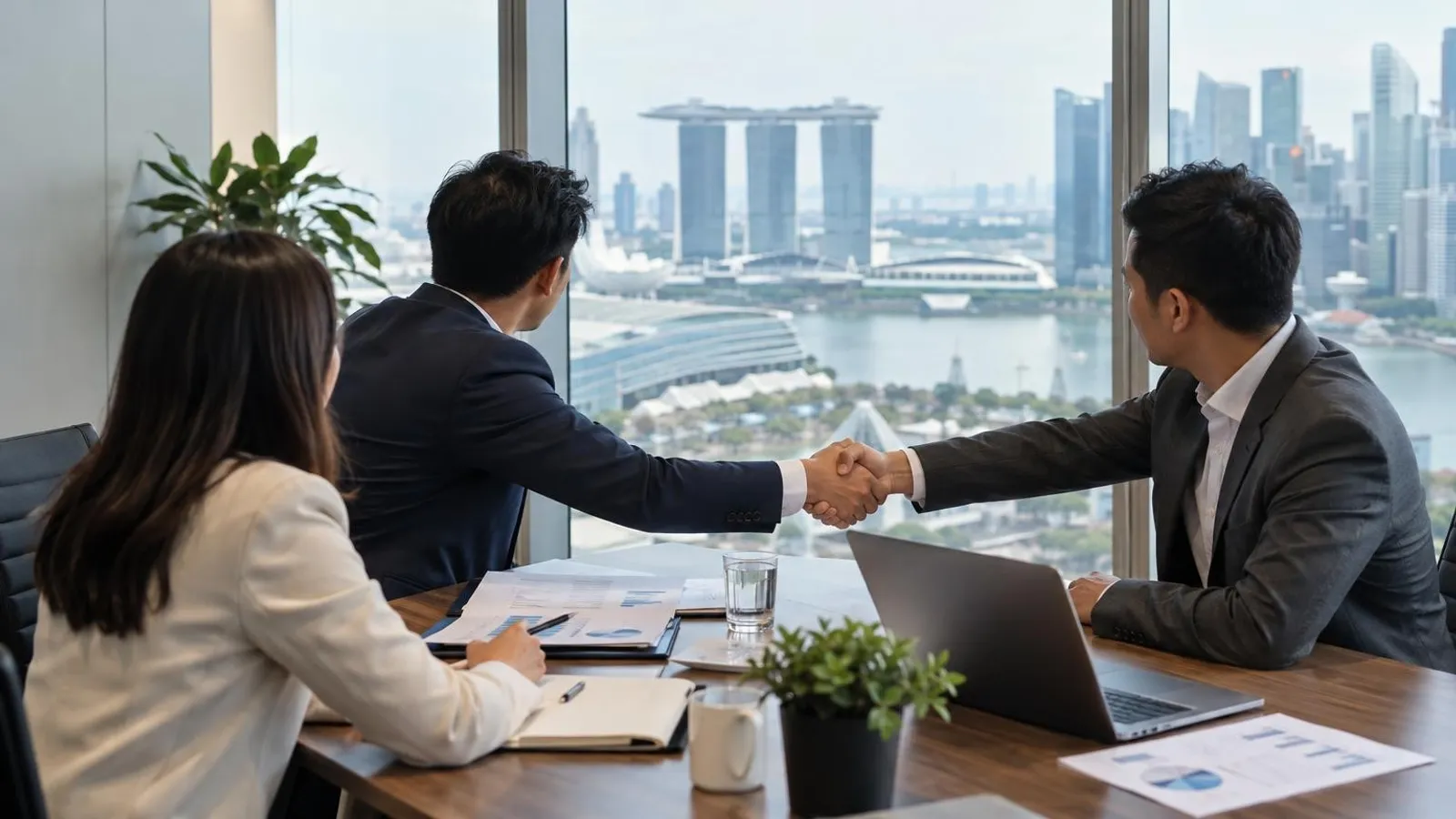 A business advisory meeting in a bright modern Singapore office with documents and a handshake