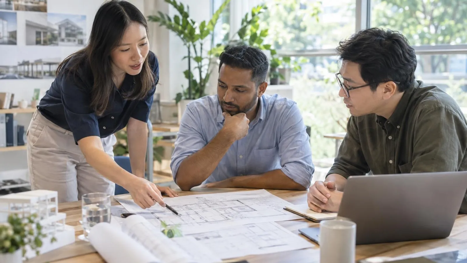 A consultant and two managers discussing a contingency plan around a table with a floor plan in a bright meeting room