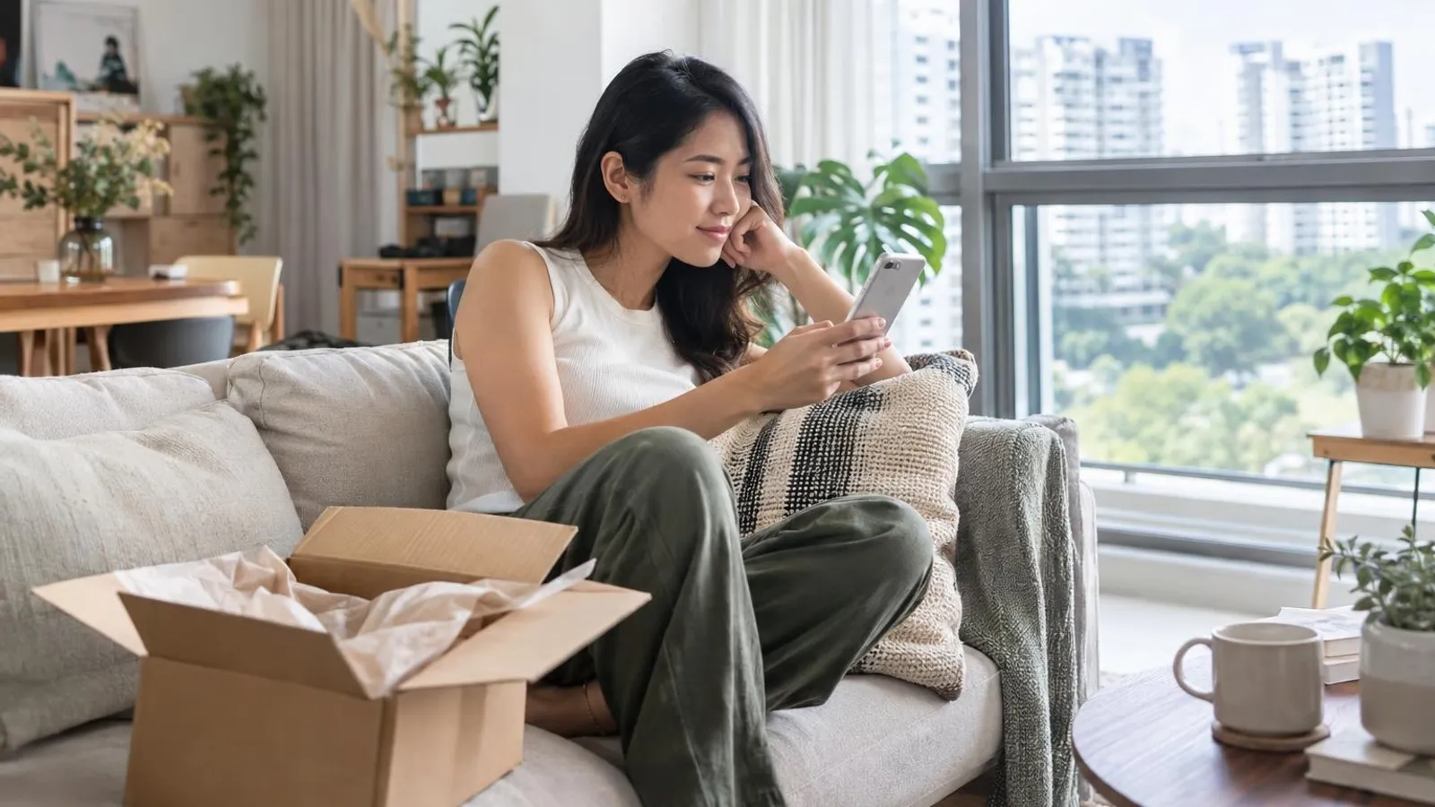 A woman on a sofa with a half-opened delivery parcel looking thoughtfully at her phone