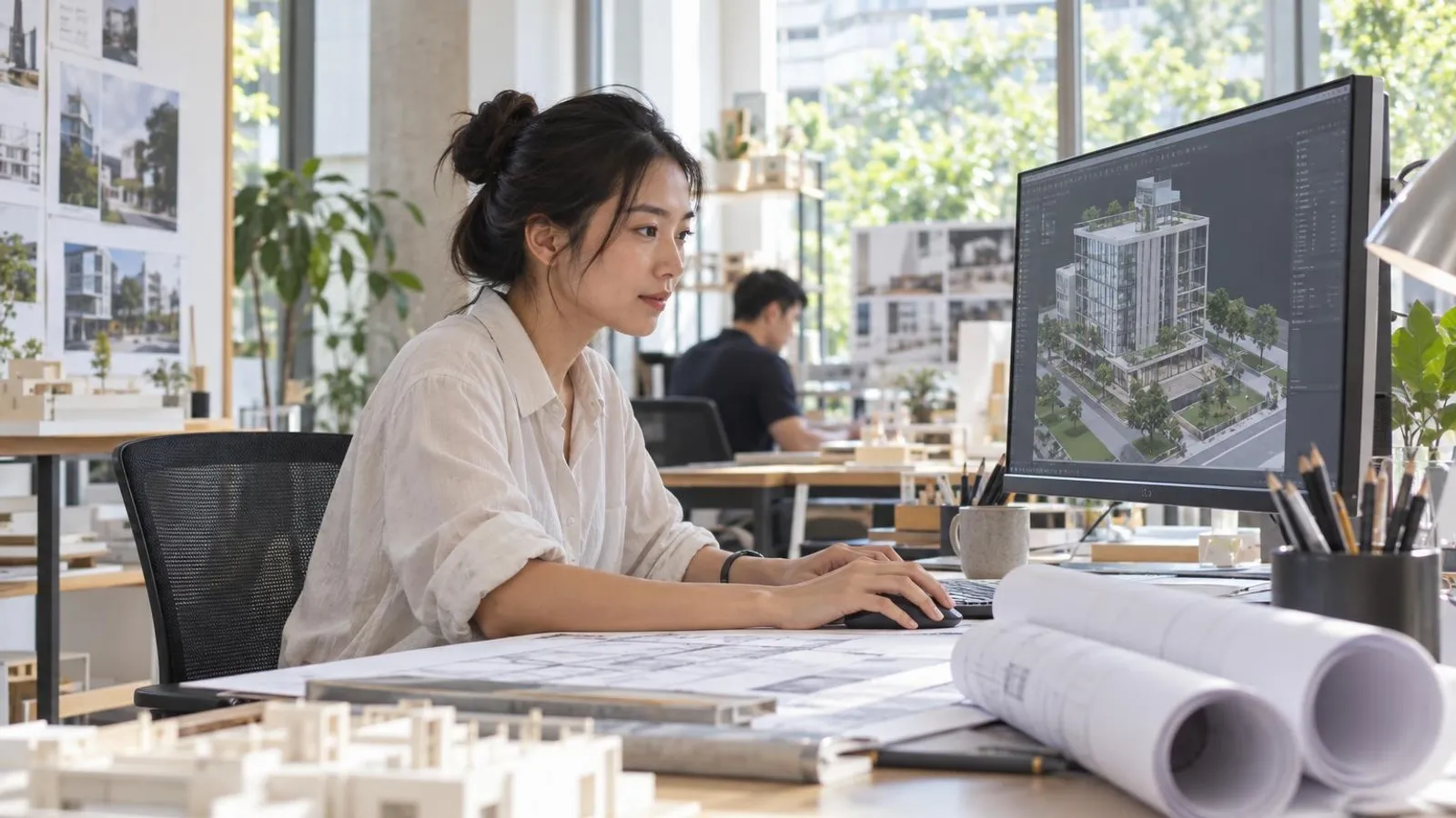 CAD Drafting Services: a customer and a provider in a bright, modern setting