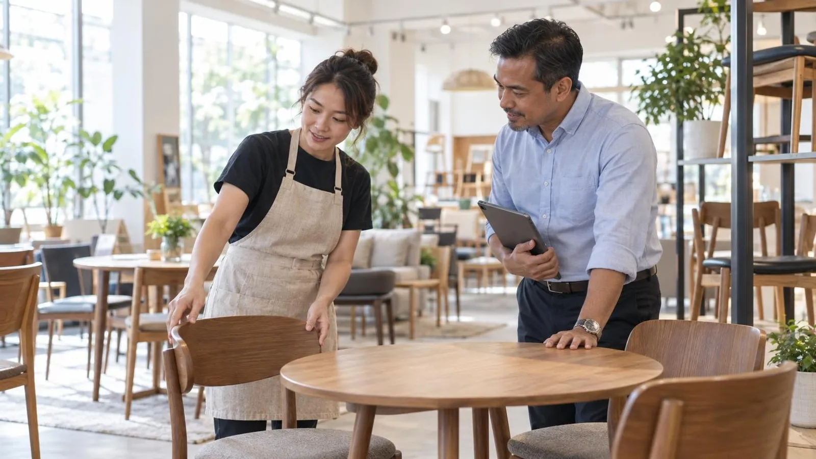 Cafe and Restaurant Furniture Suppliers: a customer and a provider in a bright, modern setting