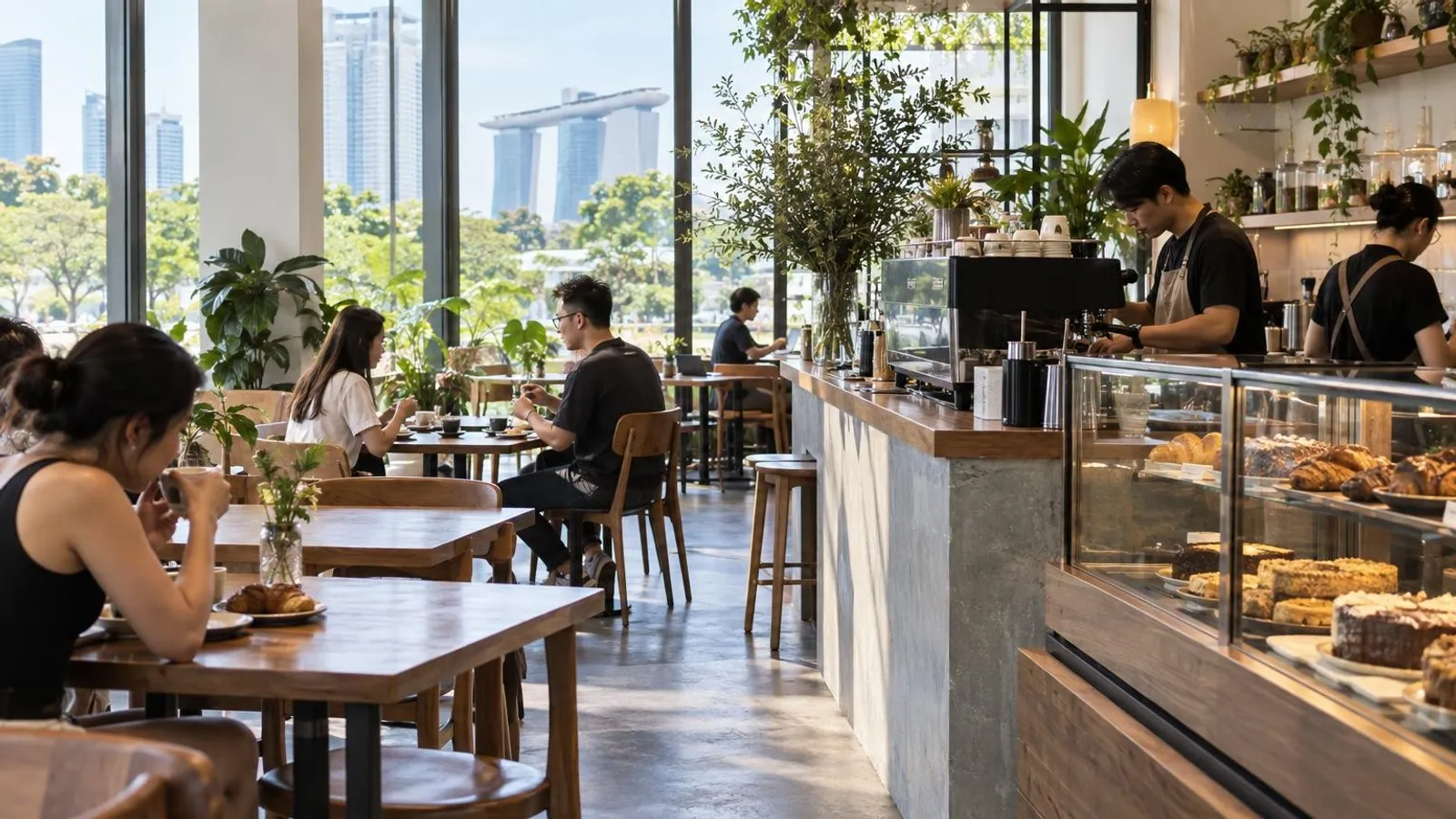 A bright, stylish Singapore cafe interior with a barista at the coffee bar, pastries and customers at wooden tables