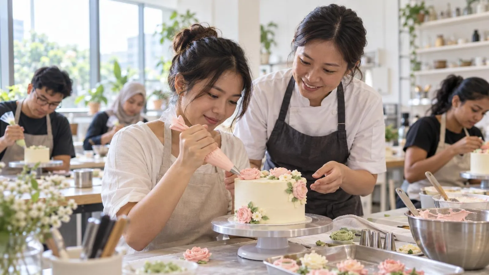 Cake Decorating Classes: a customer and a provider in a bright, modern setting