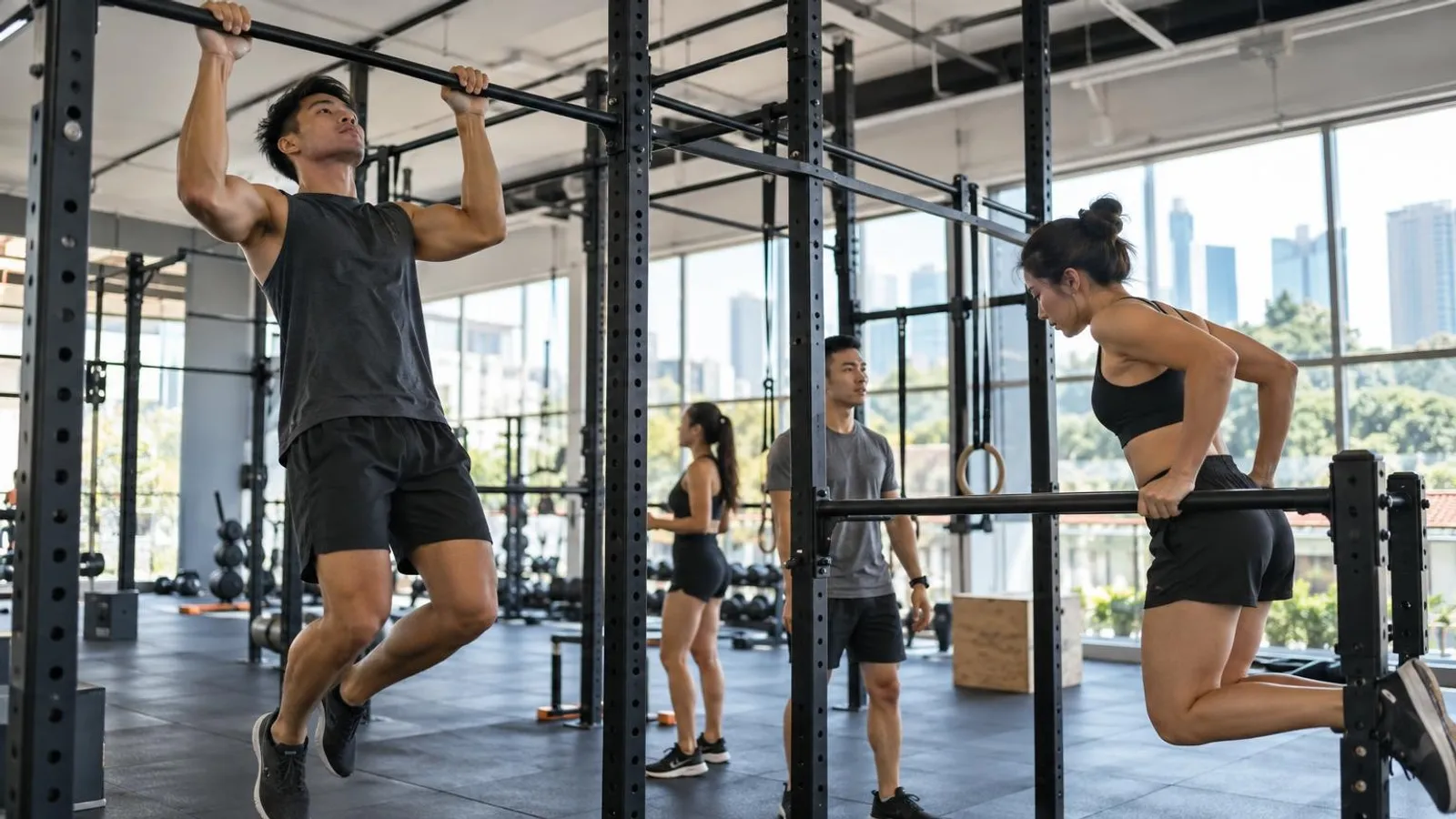 People doing pull-ups and dips on a calisthenics bar rig at a Singapore gym