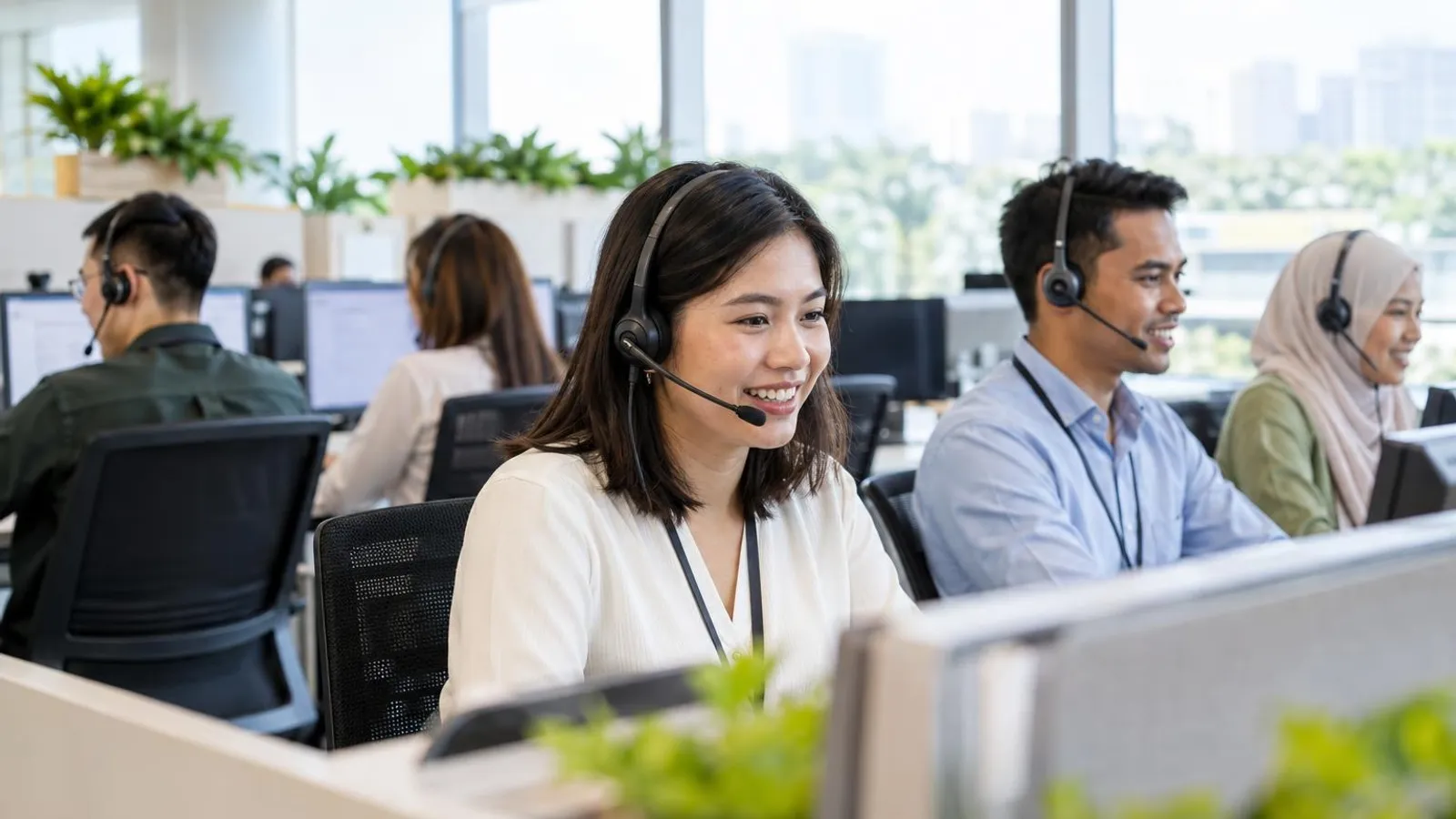 A friendly multilingual support team on headsets at a bright modern contact-centre floor