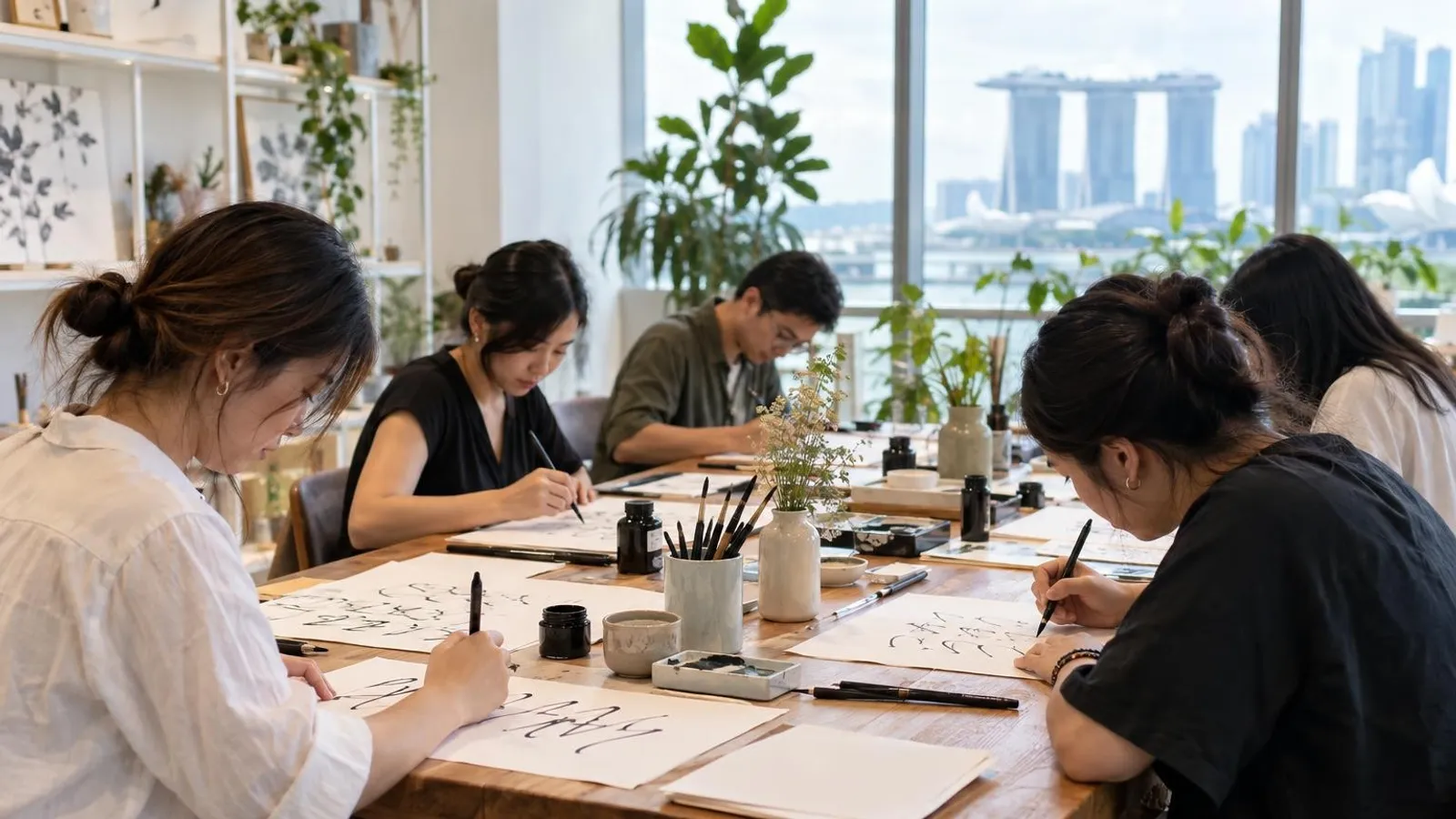 Participants practising lettering with brush pens and ink at a bright Singapore calligraphy workshop