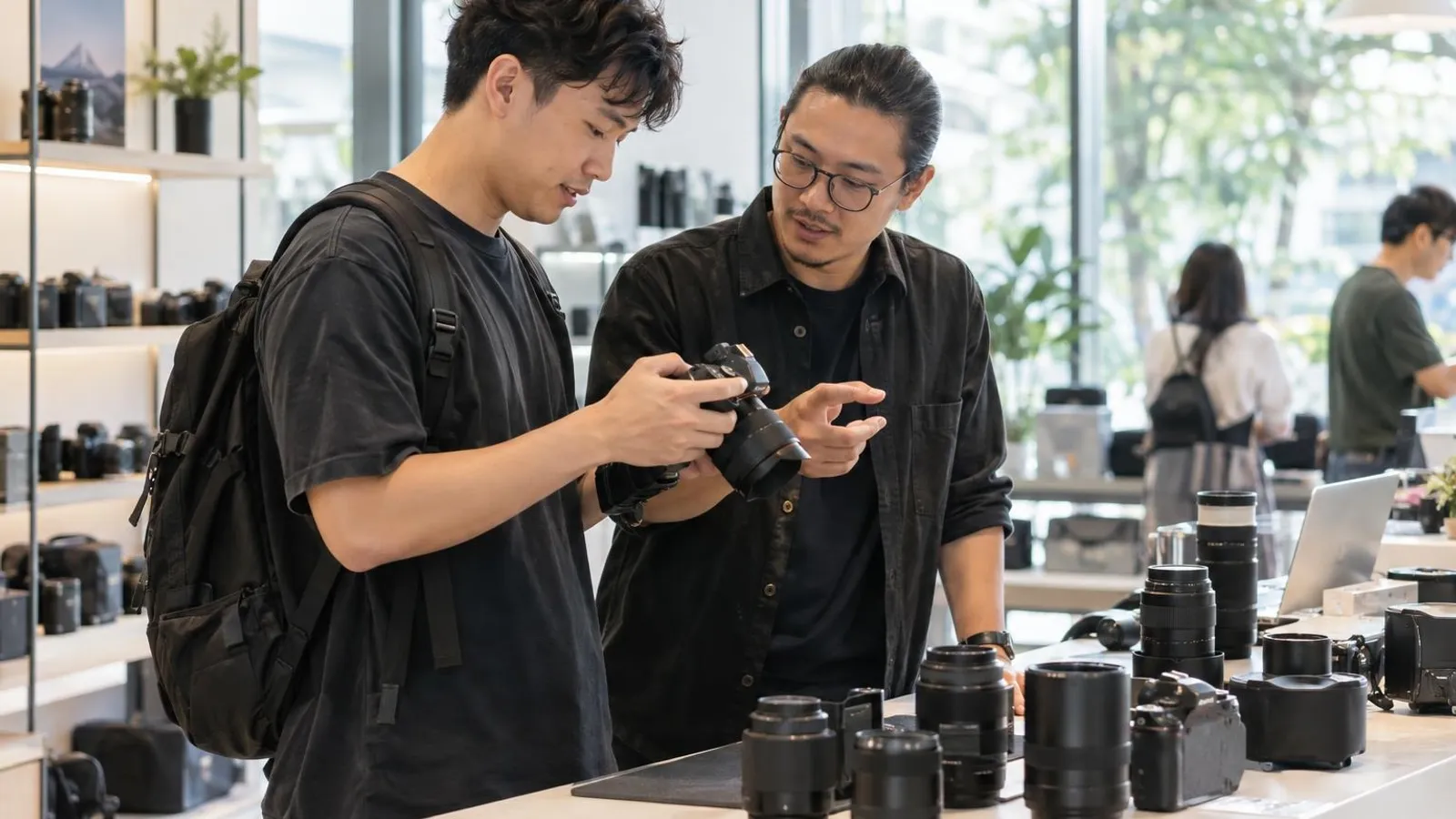 A customer checking a mirrorless camera and lenses laid out on a bright rental counter with a shop assistant
