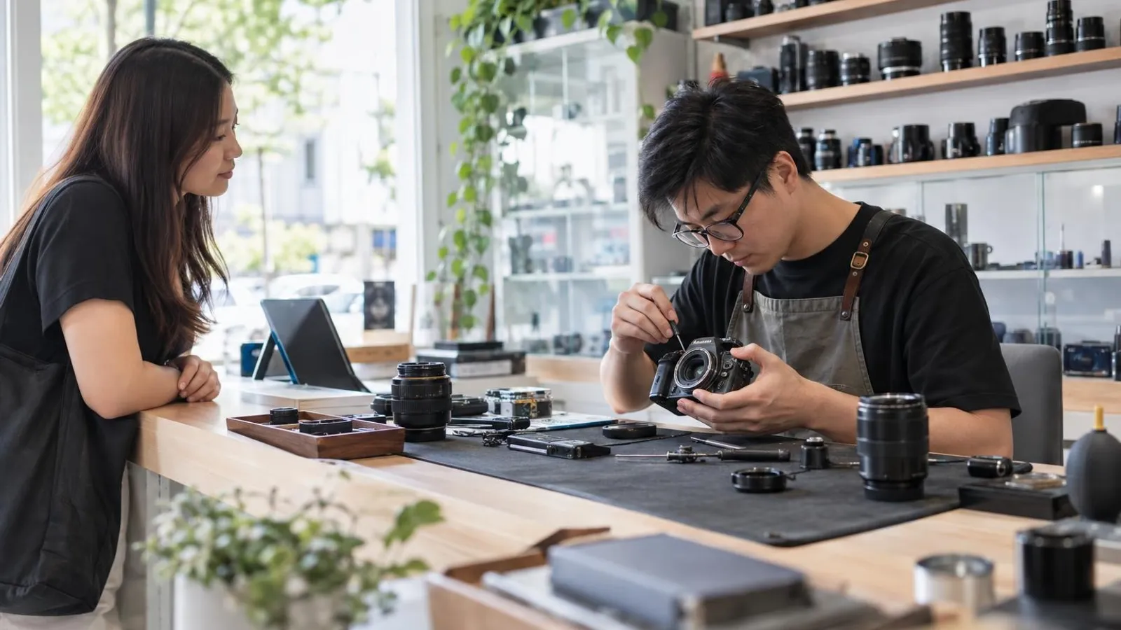 A camera technician servicing a mirrorless camera and lens at a bright clean workbench while a customer waits