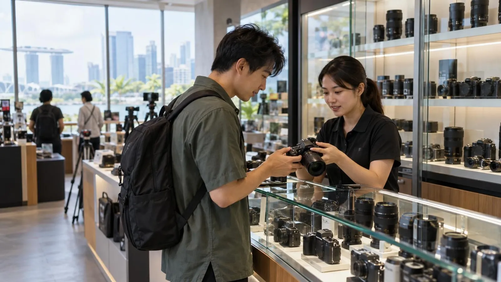 A Singapore camera store with cameras and lenses in glass display cases