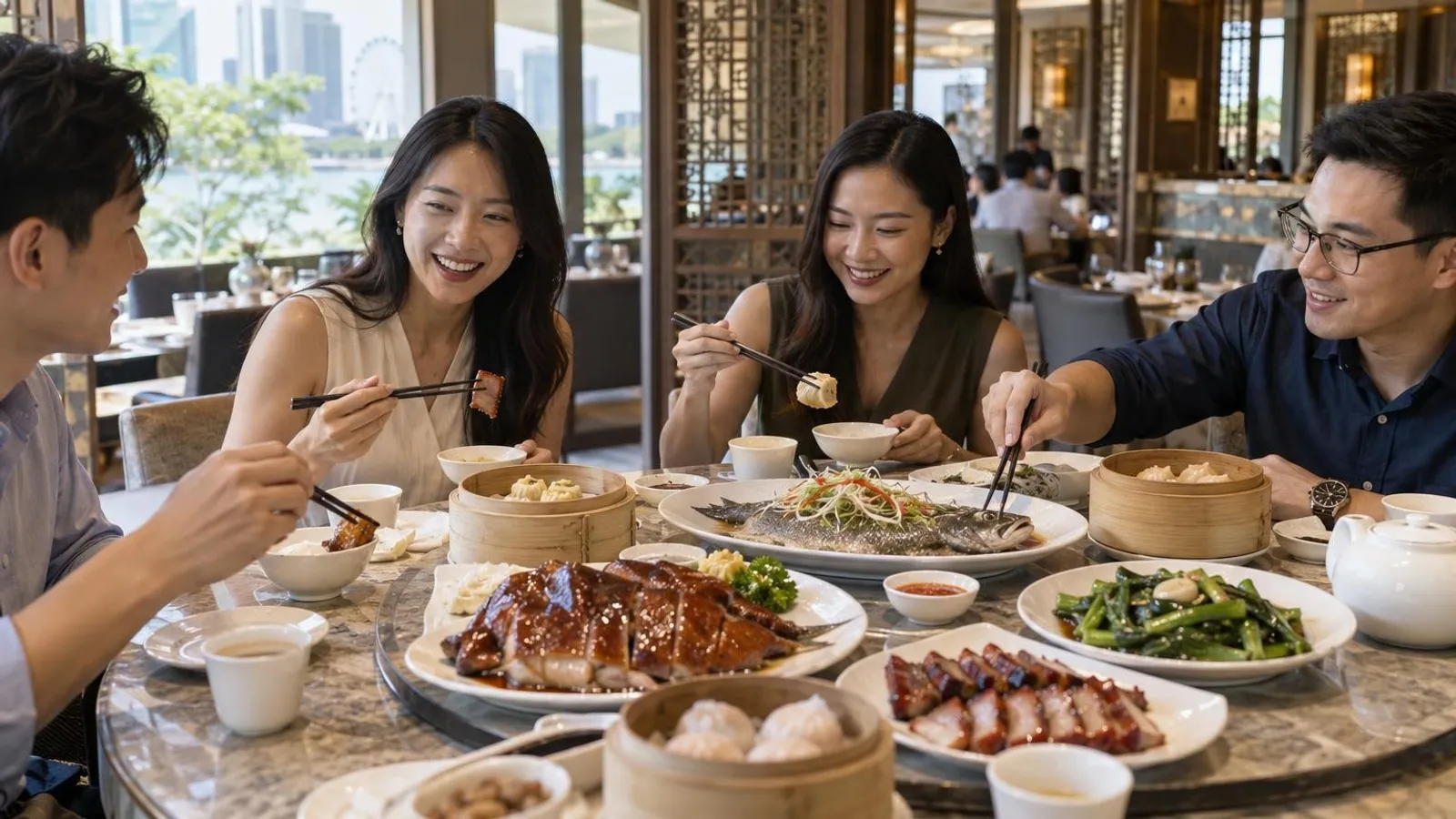 An elegant Cantonese spread in Singapore with roast meats, a steamed fish and dim sum on a round table