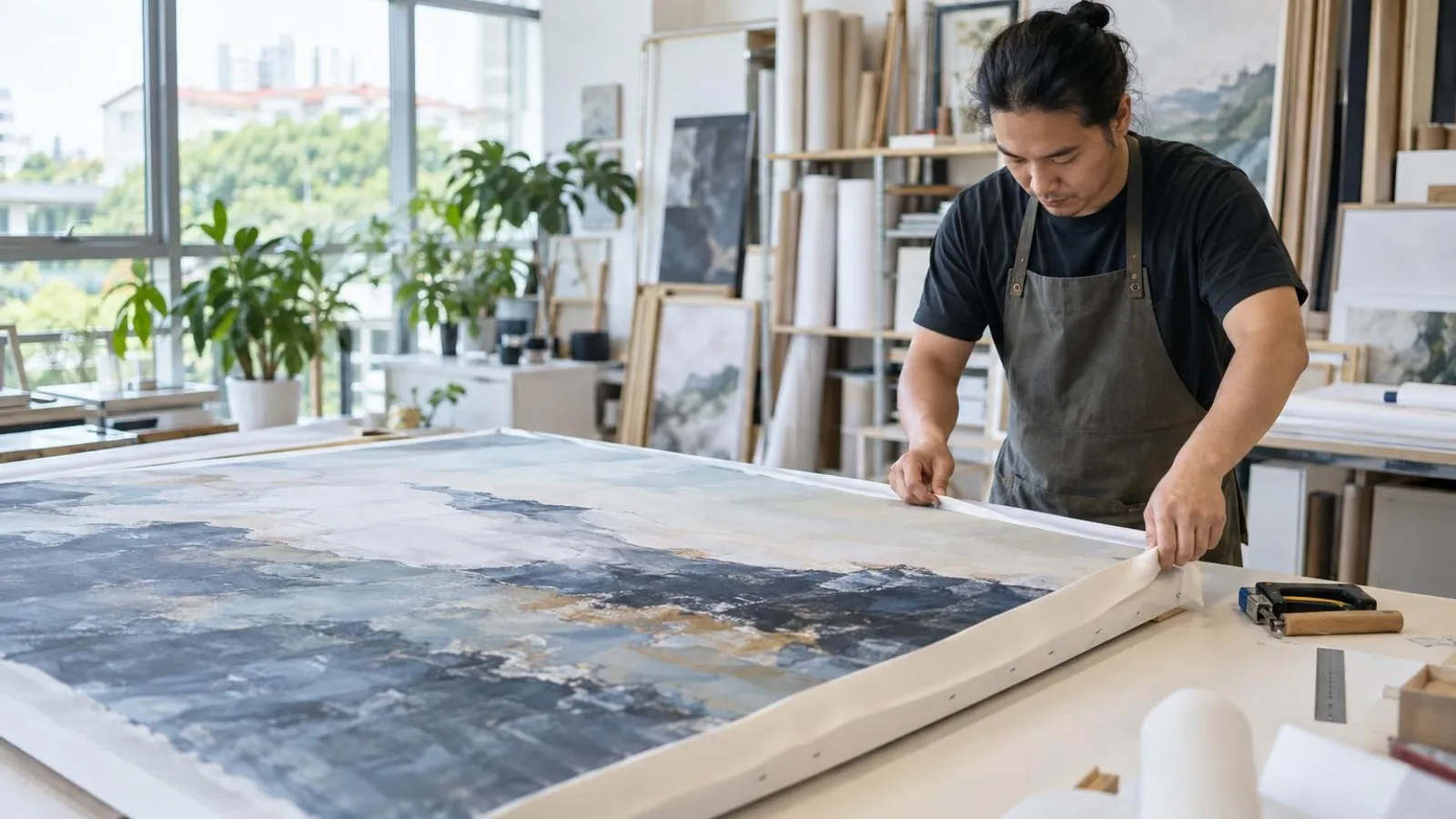 A large printed canvas of an abstract landscape being stretched onto a wooden frame on a bright workshop table