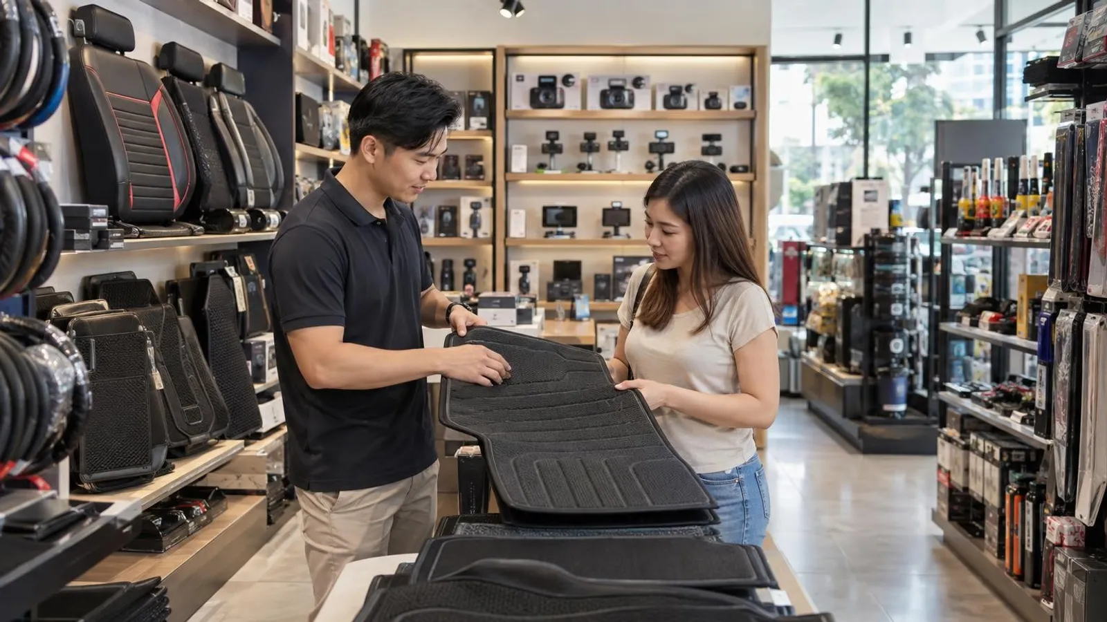 A Singapore car accessories shop with floor mats, seat covers and dashcams on display