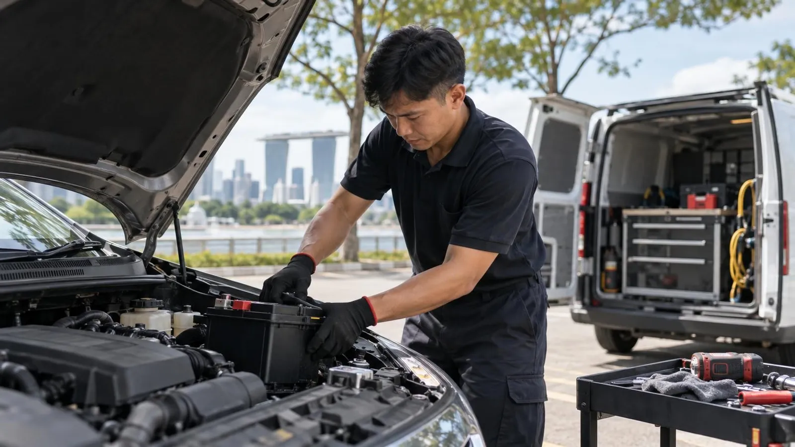 A technician replacing a car battery under the bonnet beside a mobile service van in Singapore