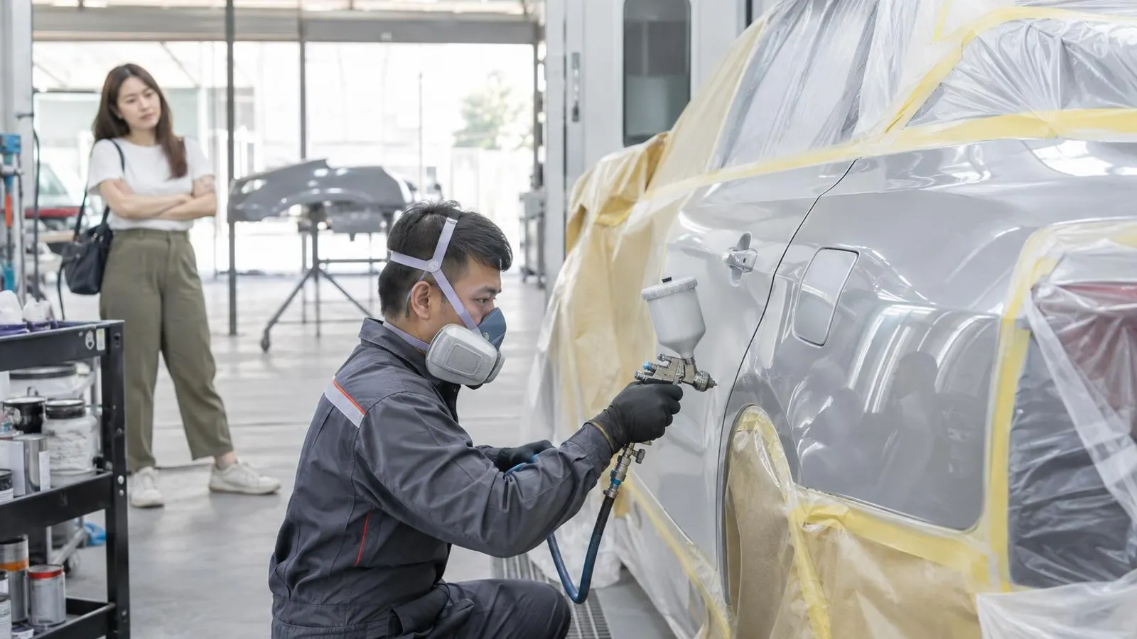 Car Bodywork and Spray Painting: a customer and a provider in a bright, modern setting