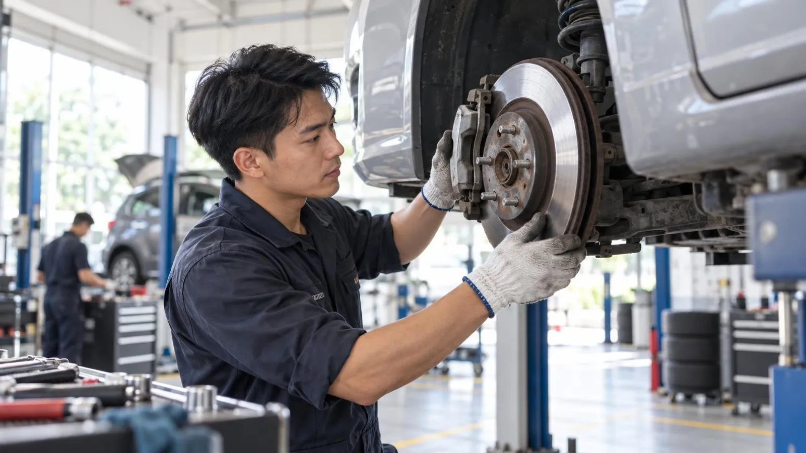 Car Brake and Suspension Specialists: a customer and a provider in a bright, modern setting