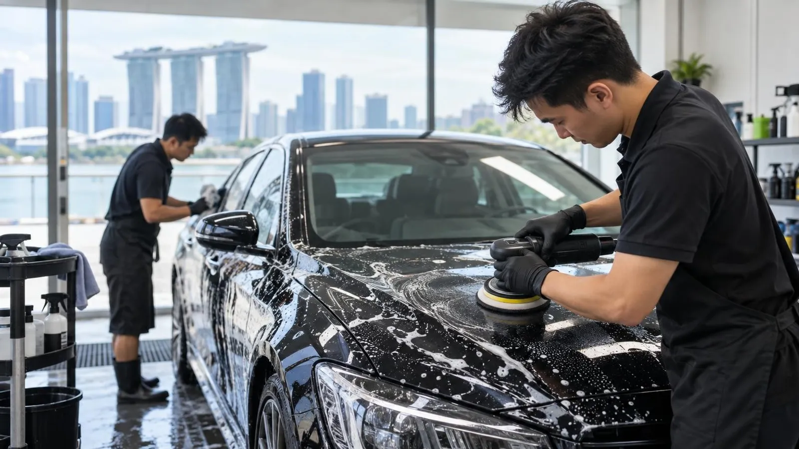 Detailers washing and polishing a car at a bright Singapore car grooming studio