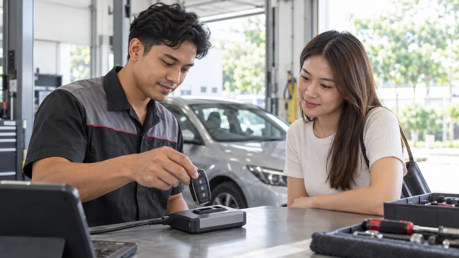 Car Key Replacement and Programming Services: a customer and a provider in a bright, modern setting