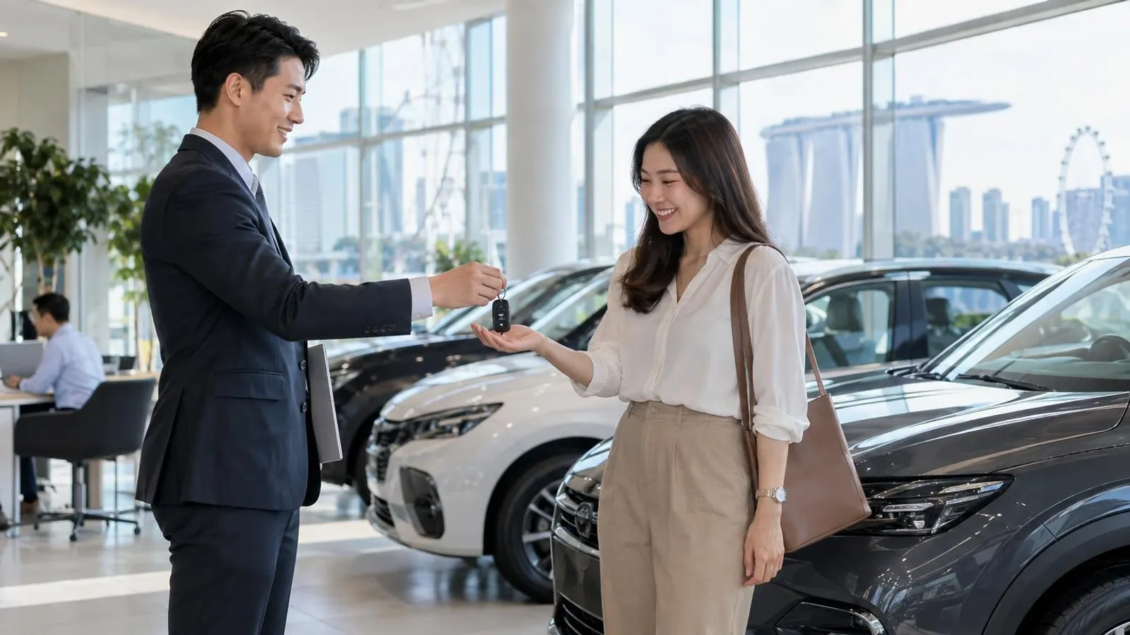A salesperson handing car keys to a smiling customer in a bright Singapore car showroom
