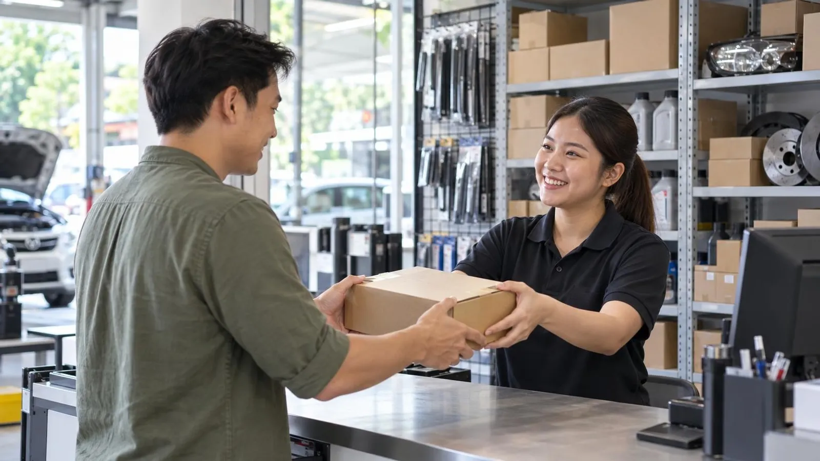 Car Parts and Spare Parts Suppliers: a customer and a provider in a bright, modern setting