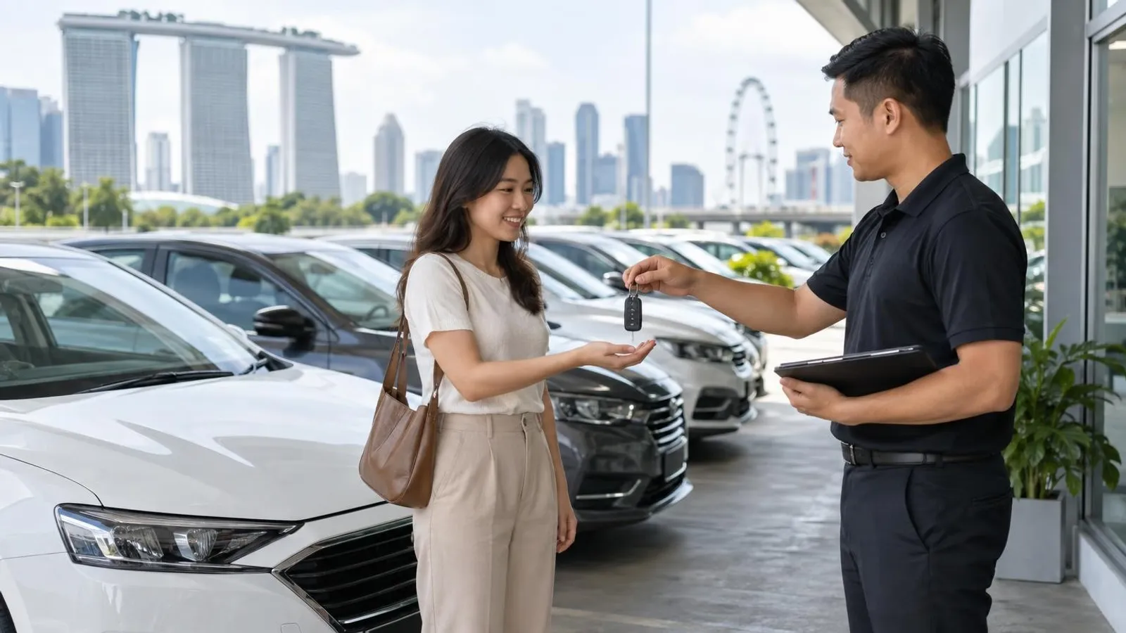 A staff member handing car keys to a customer beside a row of rental cars in Singapore