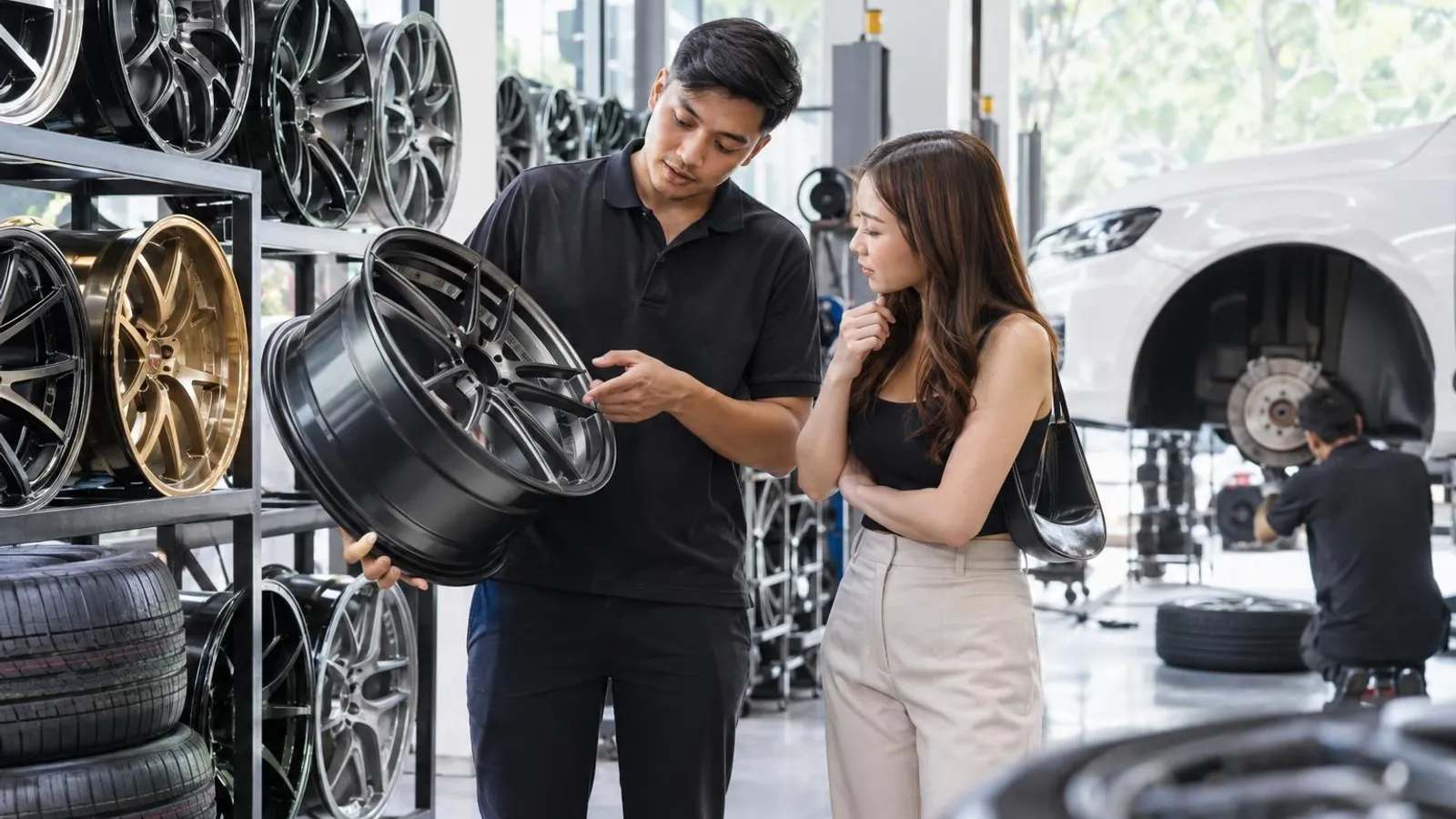 Car Rim and Sports Wheel Shops: a customer and a provider in a bright, modern setting