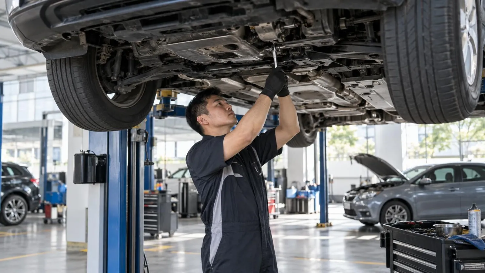 A mechanic servicing a car raised on a hoist in a bright Singapore workshop