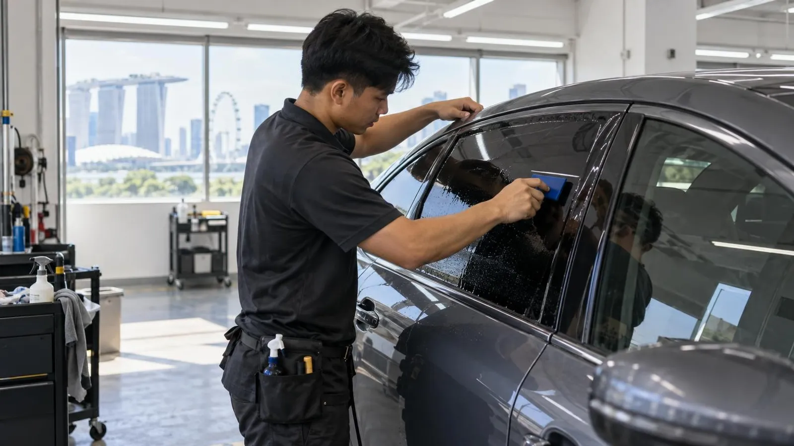 An installer applying solar tint film to a car window at a Singapore workshop