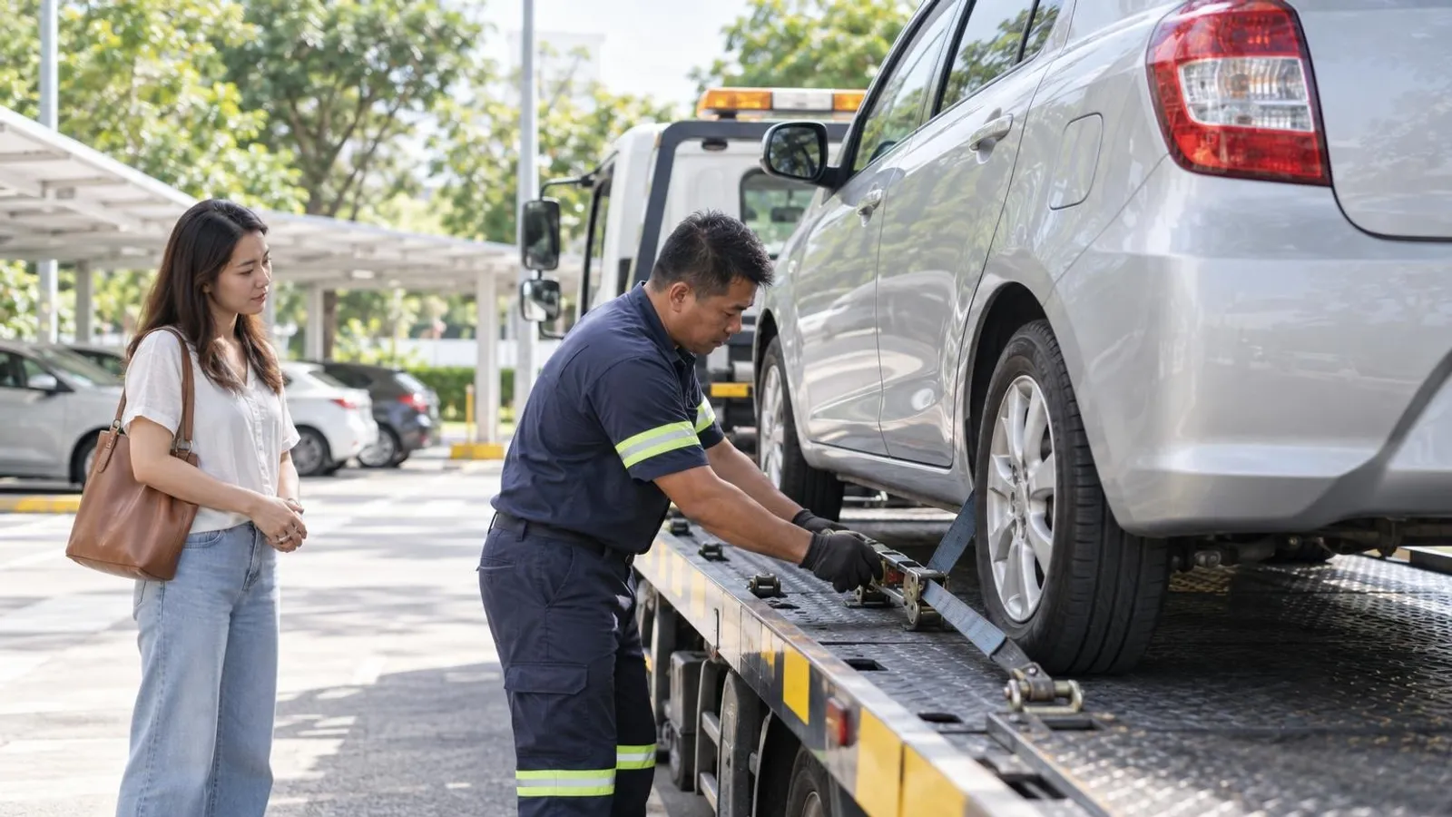Car Towing and Roadside Assistance Services: a customer and a provider in a bright, modern setting