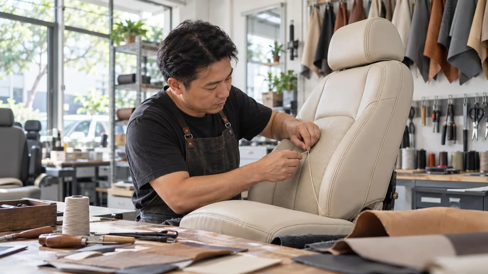 Car Upholstery and Seat Cover Specialists: a customer and a provider in a bright, modern setting