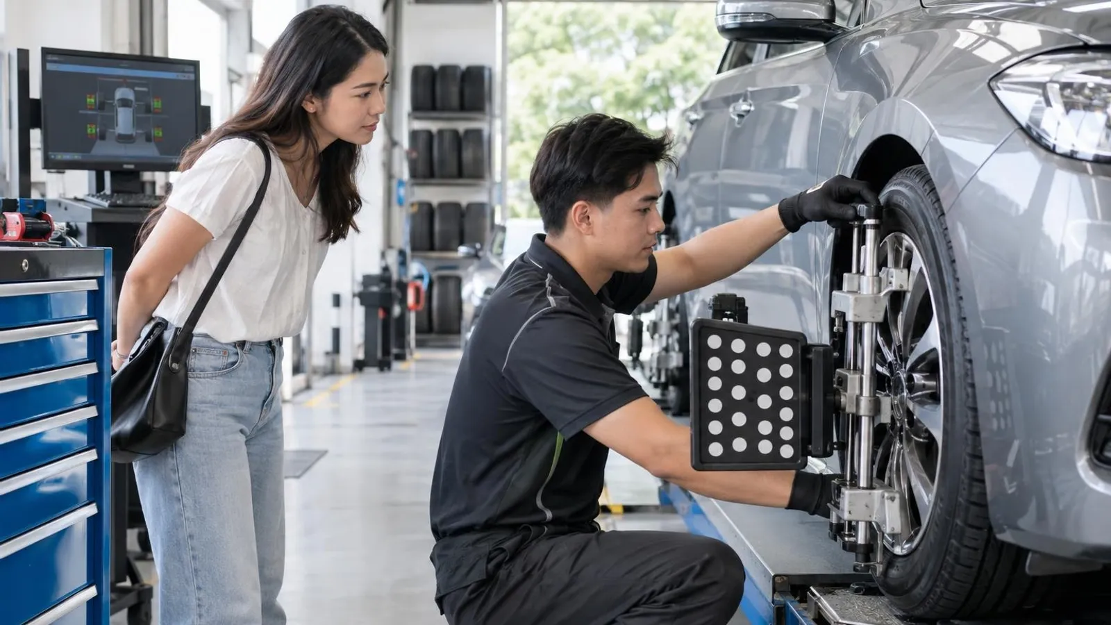 Car Wheel Alignment and Balancing Shops: a customer and a provider in a bright, modern setting