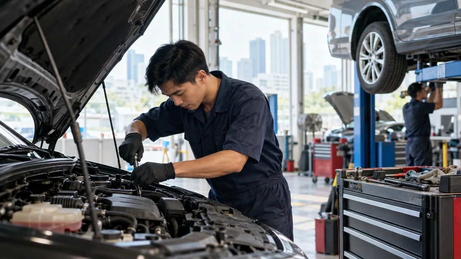 A mechanic working in a car engine bay at a bright Singapore car repair workshop