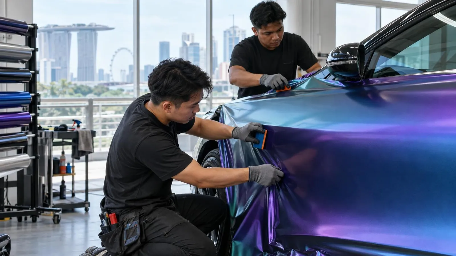 Installers applying a colour-change vinyl wrap to a car at a Singapore workshop