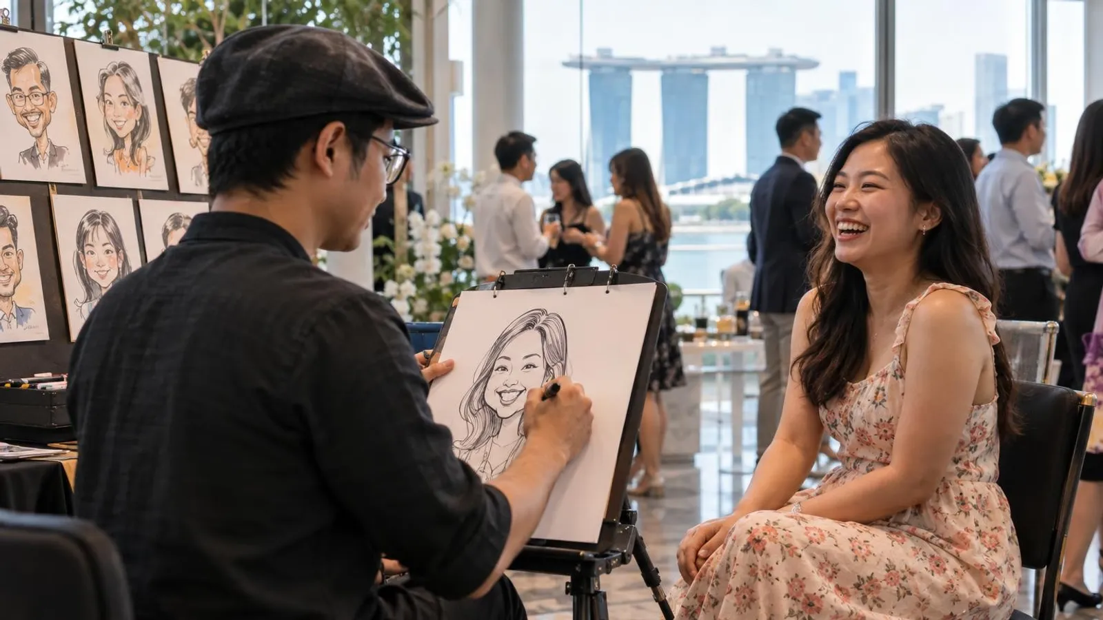 A caricature artist sketching a laughing guest at a live Singapore event