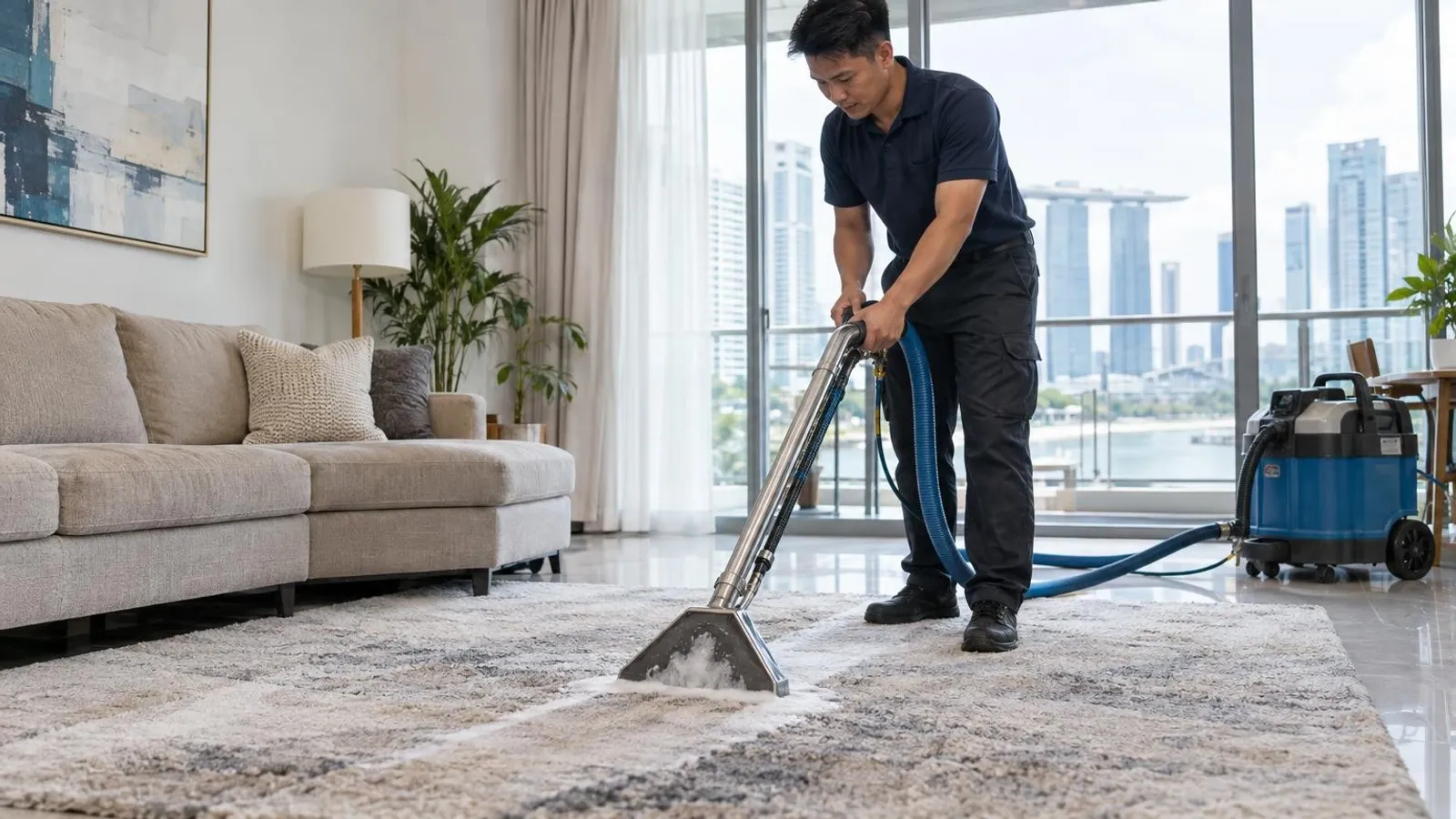 A cleaning technician deep-cleaning a large rug with an extraction machine in a bright Singapore living room