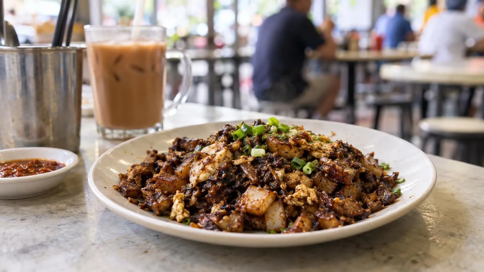 A plate of black fried carrot cake, chai tow kway, at a Singapore hawker stall
