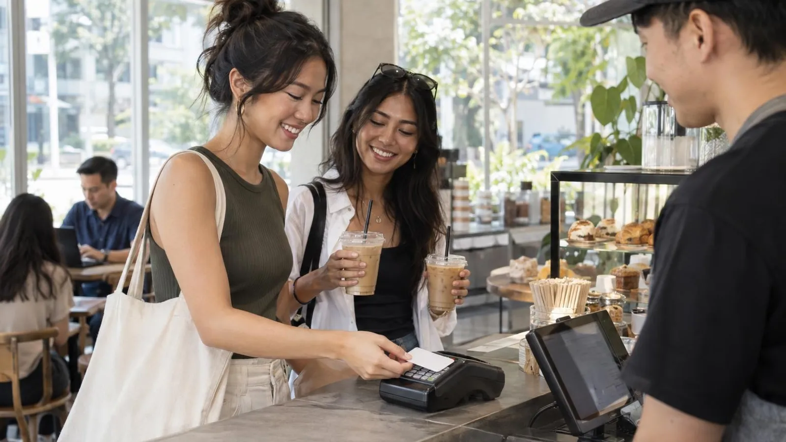 Two friends paying for iced drinks with a card at a bright Singapore cafe counter