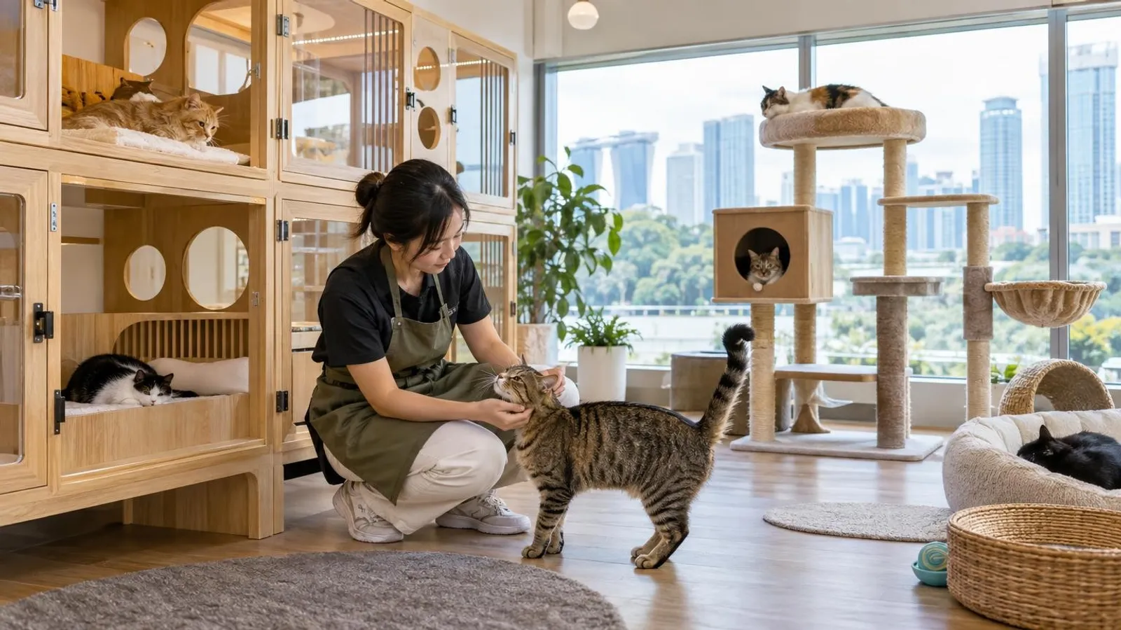 A staff member attending cats resting in wooden cat condos at a bright Singapore cat boarding hotel
