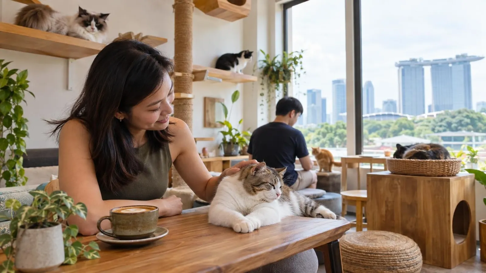 Cats lounging on shelves and a visitor petting one at a Singapore cat cafe
