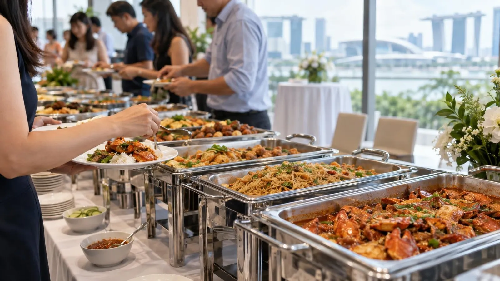 A catered buffet spread of assorted Singapore dishes in chafing dishes at an event