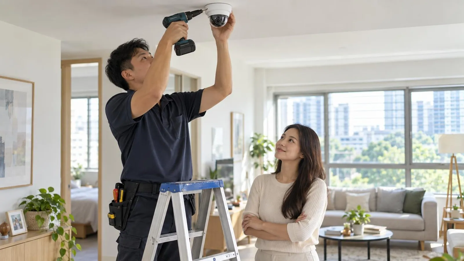 A technician installing a white dome CCTV camera on the ceiling of a bright Singapore home