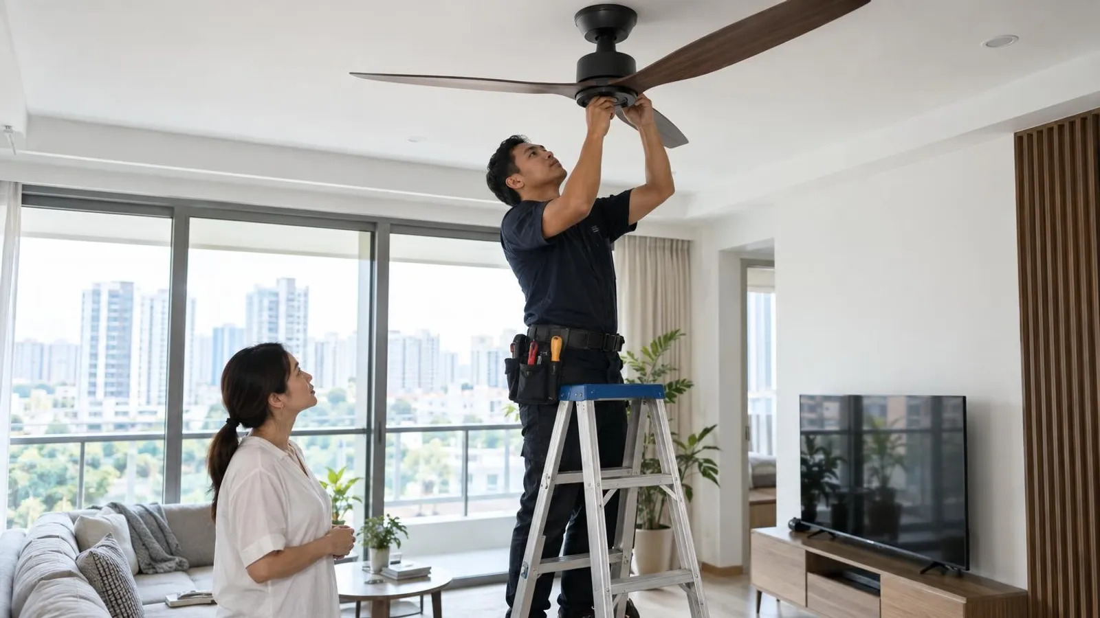 An installer on a step ladder fitting a ceiling fan in a bright Singapore living room