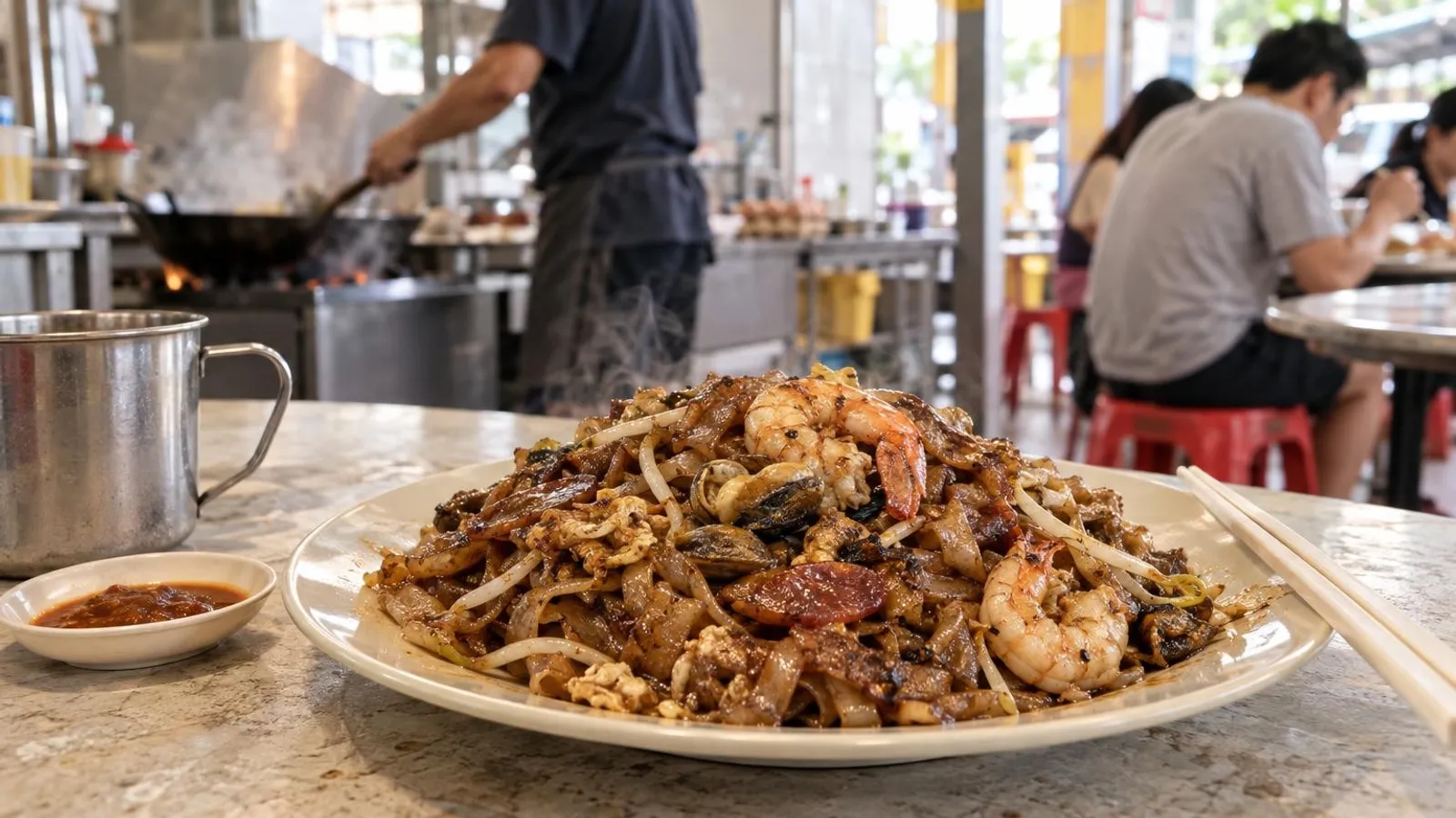 A plate of char kway teow with cockles and prawns at a Singapore hawker stall