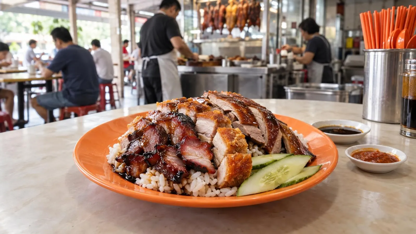A plate of char siew and crispy roast pork rice with roast duck at a Singapore hawker stall